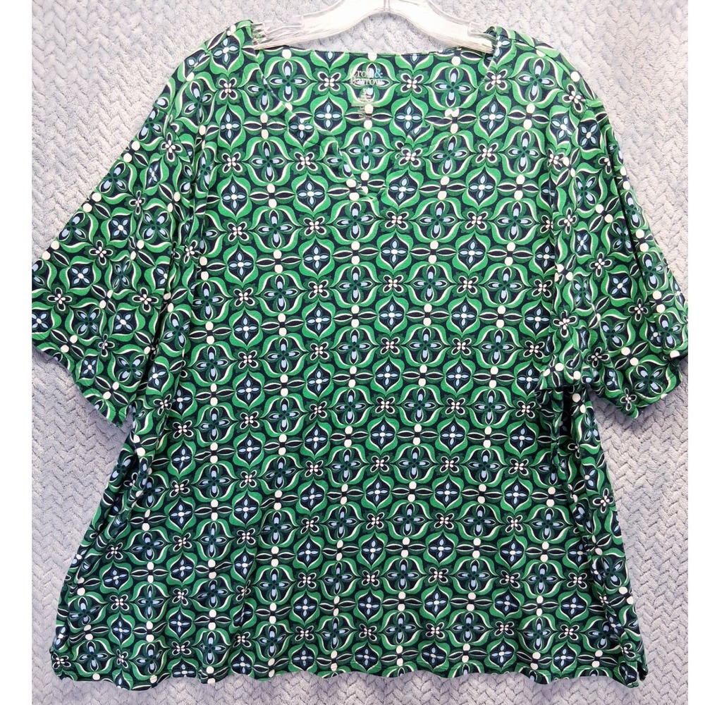 Croft & Barrow Womens 3X Green Blue‎ Geometric Medallion Cotton V-Neck Tee Top